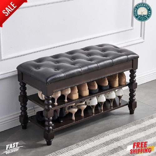 Finnhomy 3-Tier Shoe Rack Bench Cushion. Holds Up to 400 lb Rack, for  Entryway, Bedroom, Hallway, Accent Furniturn, Elegant Black Wood