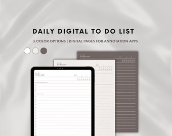 Puede incluir: Una plantilla de lista de tareas digitales para aplicaciones de anotación. La plantilla se muestra en la pantalla de una tableta e incluye una lista de verificación, una sección de notas y un calendario. La plantilla está disponible en tres colores: blanco, gris y marrón.