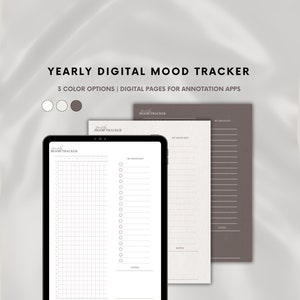 May include: A digital mood tracker with three color options: white, gray, and brown. The tracker includes a grid for daily mood tracking, a section for mood key, and a notes section. The text "YEARLY DIGITAL MOOD TRACKER" is at the top of the image.