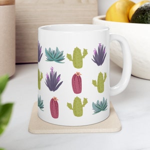 Colorful Cactus Ceramic Coffee Mug! 11oz Dishwasher Safe BPA Free Coffee Cup! Great For Desert & Sonoran Botanical Lovers! Saguaros
