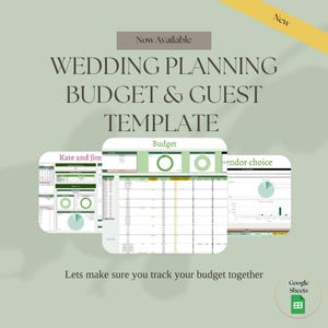 May include: A digital wedding planning template with a green and white color scheme. The template includes sections for budget and guest tracking, with the text "Wedding Planning Budget & Guest Template" and "Lets make sure you track your budget together".