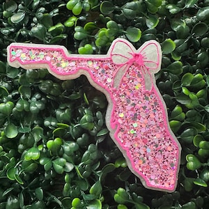 May include: A pink glittery Florida state outline with a white bow. The outline is bordered in white and outlined in pink. The glitter is a mix of pink and iridescent colors. The background is a green leafy texture.