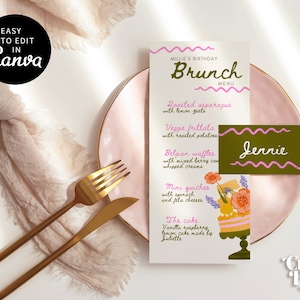 Geburtstags-Brunch-Menü und Namenskartenvorlage, Menüvorlage für Brautparty mit handgezeichneter Schrift, Menüvorlage für Geburtstagsparty, CDC1001