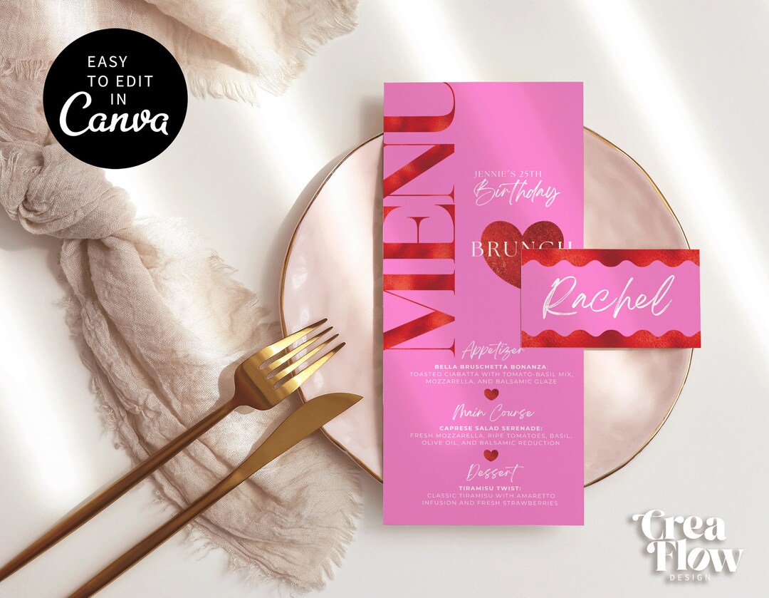 Pink Menu and Name Card, Birthday Menu Template,romantic Dinner Menu ...