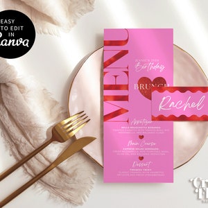 Roze kaartsjabloon verjaardagsmenu en naam, bewerkbaar roze bruidsmenu, babyshowermenu en plaatskaartsjabloon