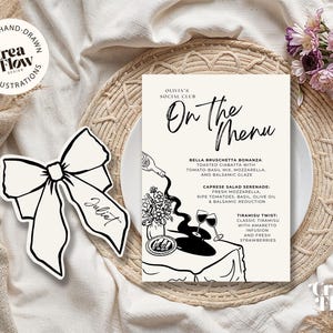 Fantazyjny zestaw szablonów menu i wizytówek z kokardą, menu na przyjęcie urodzinowe, ręcznie rysowane menu kolacji, menu weselne i menu „Zapisz datę” oraz wizytówka z miejscami