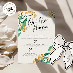Ensemble de modèles jaunes de menu d'été et de carte de nom de noeud, carte de siège noeud dessiné à la main, menu de douche d'anniversaire et de mariage et modèle de marque-place