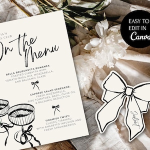 Whimsical menu and bow shaped name card template: Canva editable birthday, wedding and bridal shower menu and place card template