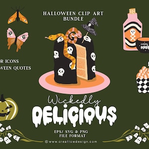 Pode incluir: Um conjunto de 85 ícones de arte de clip de Halloween e 12 citações. Os ícones incluem um bolo preto e laranja com caveiras e cobras, um cupcake xadrez preto e branco, uma vela rosa e verde, uma abóbora e uma borboleta. O texto "Wickedly Delicious" está escrito em branco com acentos rosa e verde que pingam. O texto "EPS/SVG & PNG File Format" está escrito em preto. O texto "www.creaflowdesign.com" está escrito em preto.