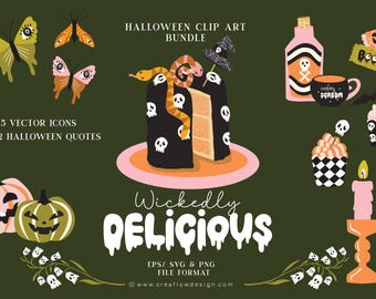 Whimsical Halloween Clipart Pack, 85 Hand drawn Halloween Desserts Cakes and Treats, Halloween spider web frames SVG EPS PNG files, CFD017