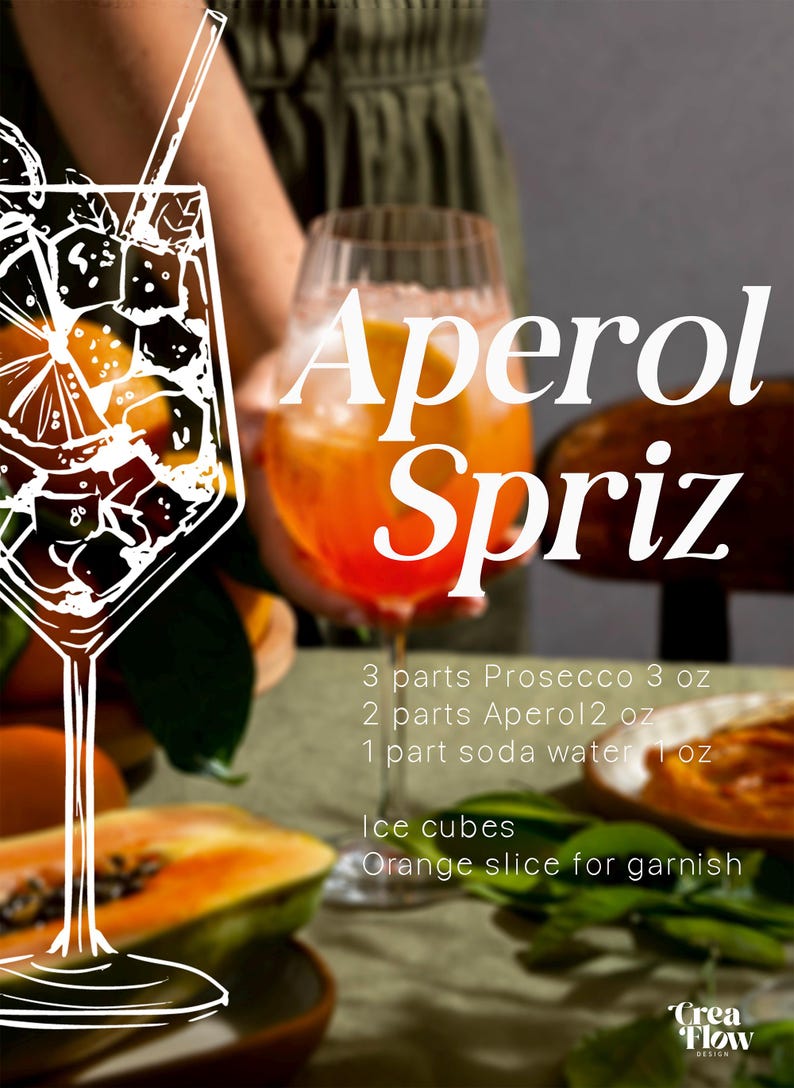 K&ouml;nnte beinhalten: Aperol Spritz Cocktail in einem gro&szlig;en Glas, garniert mit einer Orangenscheibe. Das Bild enth&auml;lt das Rezept: Prosecco, Aperol und Sodawasser, mit Eisw&uuml;rfeln. Der Text "Aperol Spritz" wird in gro&szlig;en wei&szlig;en Buchstaben angezeigt.