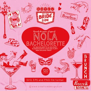 Paquete de imágenes prediseñadas de despedida de soltera de Nueva Orleans: 120 ilustraciones dibujadas a mano (SVG, EPS y PNG) para invitaciones, CFD026