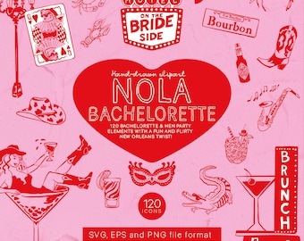 NoLa Bachelorette Clipart Bundle SVG PNG EPS, Hand-drawn New Orleans Party Doodle Icons, Mardi Gras Clipart Illustrations | CFD026