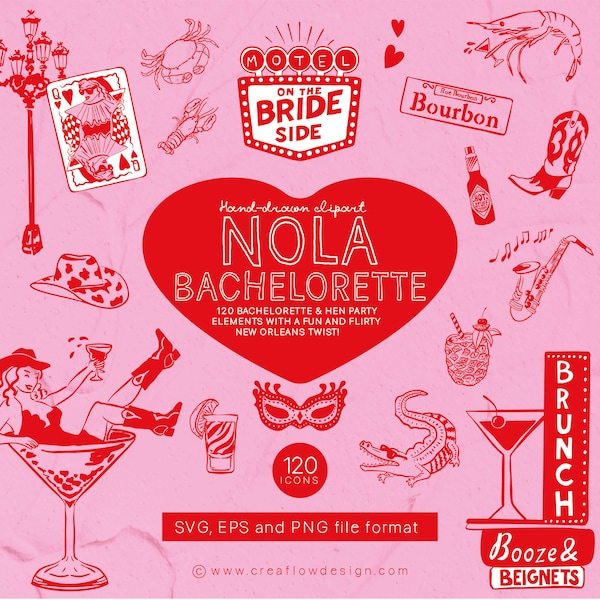 NoLa Bachelorette Clipart Bundle SVG PNG EPS, Hand-drawn New Orleans Party Doodle Icons, Mardi Gras Clipart Illustrations | CFD026
