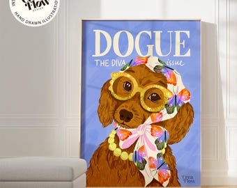 Dachshund Fashion Wall Art, Whimsical Wiener Dog Printable Poster, Vogue Parody Magazine Cover Art (Digital download art)
