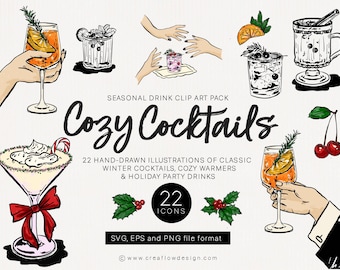 Christmas Cocktail Clip art pack, Hand drawn Winter Drink illustrations (SVG, EPS and PNG) for invitations, menus and wedding signs, CFD032