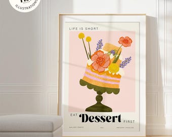 Floral Cake Kitchen Print, Whimsical Floral Cake illustration, Colorful Dessert print (Digital download wall art)