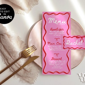 Plantilla de menú de verano rosa, menú de baby shower rosa y tarjeta de ubicación, menú de brunch de cumpleaños con borde de garabato dibujado a mano y tarjeta de asiento, CF1001