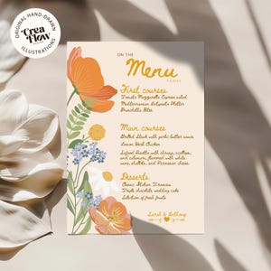 Plantilla de menú floral boho, plantilla de menú de boda de verano, plantilla de menú de cumpleaños, plantilla de menú de fiesta en el jardín editable de Canva, CF1003