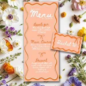 Menu d'anniversaire d'été et modèle de carte de visite, modèle de menu bordure ondulée, menu de douche nuptiale cadre ondulé, modèle de menu de baby shower, CF1001