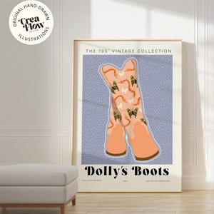 Pfirsich Schmetterling Stiefel Druck, Handgezeichnete Cowgirl Stiefel Poster, Country Girl Housewarming Geschenk, Gowgirl ästhetische druckbare Wandkunst