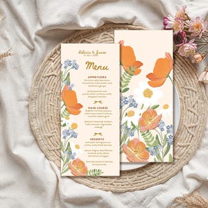 Modelo de menu floral boho, cartão de menu de casamento de verão 4x9, modelo de menu de aniversário, modelo de menu de festa de jardim editável Canva, CF1003