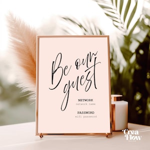 Op de afbeelding: Een ingelijst bord met een roze achtergrond en zwarte tekst die zegt "Be our guest". Onder de tekst staat het woord "NETWORK" gevolgd door "network name", dan "PASSWORD" gevolgd door "wifi password".