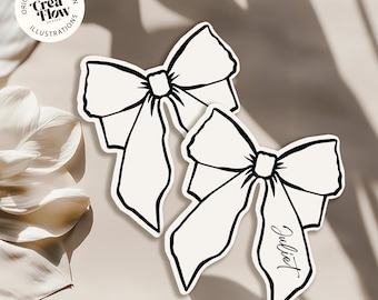 May include: Two white bow stickers with black outlines, one labeled "Juliet." The stickers are on a neutral background with a floral element and the text "Original Hand-Drawn Illustrations."