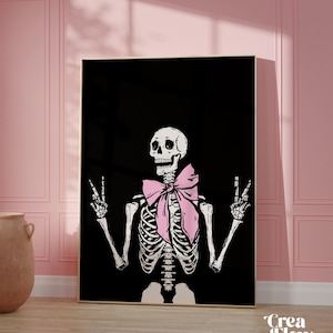 Schwarzes Skelett mit rosa Schleife Wandkunst, Rosa Halloween Dekor, Boho Halloween druckbare Wandkunst, Rosa Halloween Poster, druckbare Wandkunst