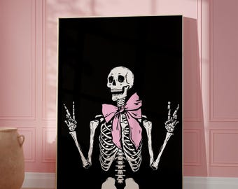 Black Skeleton with Pink bow wall art, Pink halloween decor, Boho halloween printable wall art, Pink Halloween poster, Printable Wall art