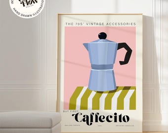 Caffecito Coffee print, Light blue Espresso coffee print, Printable Kitchen Wall art poster, Digital download art