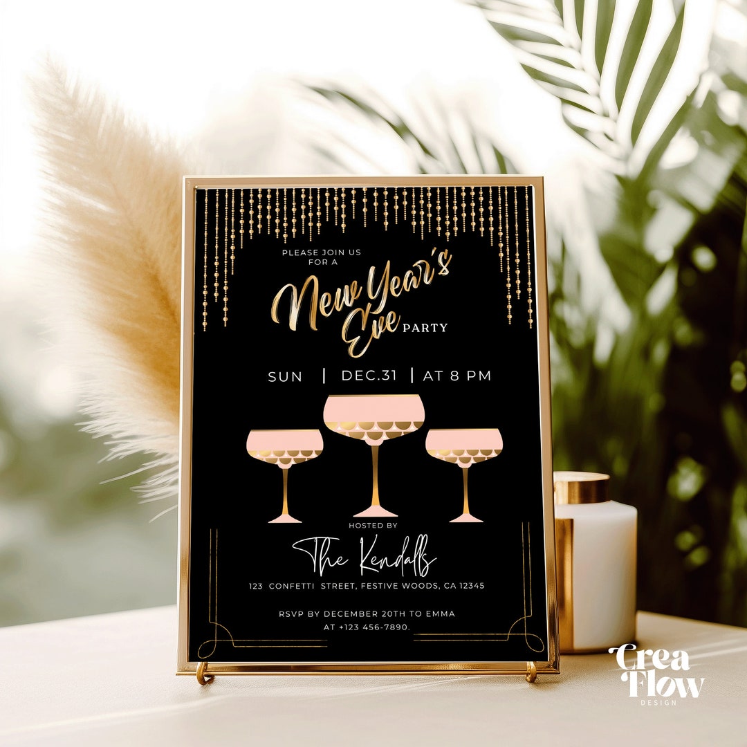 Editable New Years Party Invitation Template Pink and Gold Invite