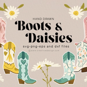 Botas de cowgirl desenhadas à mão, ilustrações de botas de cowboy e margaridas caprichosas, pacote de clip art PNG de artesanato faça você mesmo para garotas ocidentais, CFD008