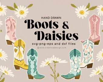Handgezeichnete Cowgirlstiefel Clip Art, wunderliche Cowboystiefel und Gänseblümchen Illustrationen, Western Mädchen DIY Handwerk PNG Clip Art Bundle, CDD008