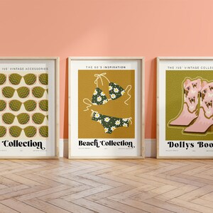 Set of 3 posters, Dollys boots, 60s Daisy bikinis, Vintage sunglasses, Gallery Wall Art Bundle, Instant download printable posters