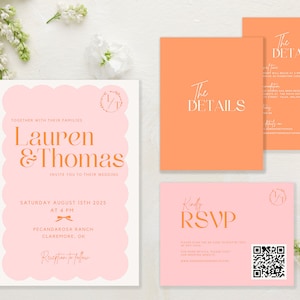 Minimal Wedding Invitation Suite, Scallop border Invitation suite with QR code RSVP and Details card, Color and Black and White versions