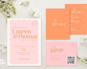 Minimal Wedding Invitation Suite, Scallop border Invitation suite with QR code RSVP and Details card, Color and Black and White versions