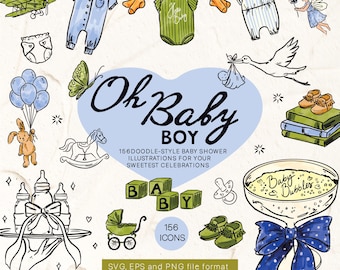 Baby Shower Clipart Bundle SVG PNG EPS, Hand- Drawn Baby Boy Doodles, 150+ Baby Icons, CFD041