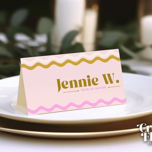 Wavy Name Card Template, Squiggle Border Place Card, Trendy Name card template, Canva Name Card, Editable Wedding Place Name Card template