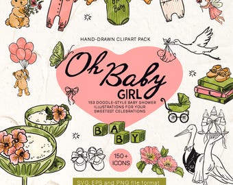 Baby Shower Clipart Bundle SVG PNG EPS, Hand Drawn Baby Girl Doodles, 150+ Baby Summer Icons, CFD042