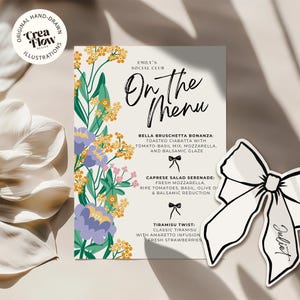 Ensemble de modèles de menu floral d'été et de carte de nom de noeud, carte de siège noeud dessiné à la main, menu de douche d'anniversaire et de mariage et modèle de marque-place