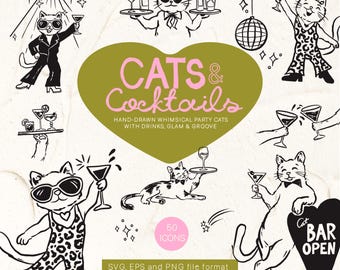 Cats & Cocktails Doodle Clipart, Hand drawn Party Cats and Drink icons (SVG, PNG, EPS) for invitations, Bartender Cat illustrations, CFD040