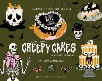 Halloween Cakes Clipart Pack, 48 Hand Drawn Spooky Desserts, Skeletons, Moths & Butterflies, SVG EPS PNG icons for invitations, CFD020