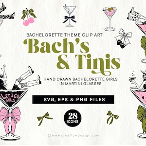 Pacchetto di clipart di ragazze in un bicchiere da Martini, 28 divertenti icone di ragazze da cocktail, drink Martini disegnati a mano e ragazze che applaudono SVG EPS PNG scarabocchi, CFD025