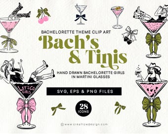 Bachelorette Girls in Martini Glass Clipart pack, Hand-drawn Hen Party Girls Illustrations, Cowgirls in Martini glasses, CFD025