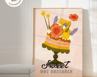 Floral Cake Printable Wall Art, Hand Drawn Floral Dessert Art, Playful Kitchen Wall Art, Colorful Dessert Poster