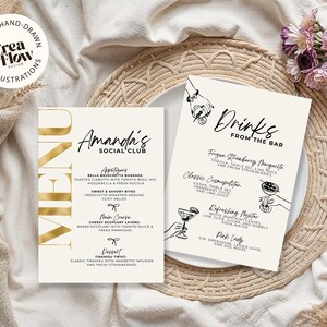 Gold Foil Menu Template Set: Dinner menu and Drinks menu templates, Hand-Drawn Doodle Design (Digital Download, Canva editable)