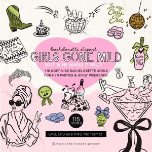 Op de afbeelding: Een verzameling handgetekende illustraties met een vrijgezellenfeestthema. Het ontwerp bevat een cowboylaars, pizzadoos, wijnfles, discobal en de tekst "Girls Gone Mild (But Wine Makes It Wild)". De afbeelding is in een zachte, vrouwelijke stijl.