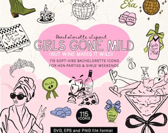 Cozy Bachelorette Clipart Bundle SVG PNG EPS, Hand-drawn Girls Spa Weekend Illustrations, Girls Night Doodle icons | CFD038