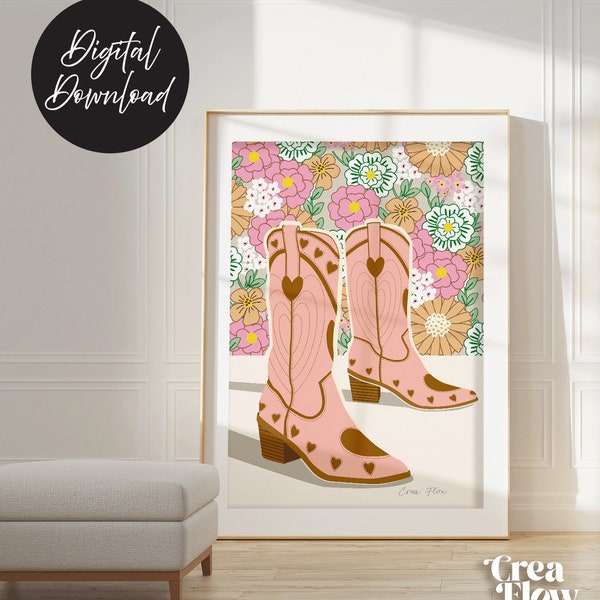 Floral  Cowgirl Boots Print, 70s Eclectic Boho Cowboy Boots Print, Preppy Pink Cowgirl Wall Art Decor, Digital download Printable Wall art